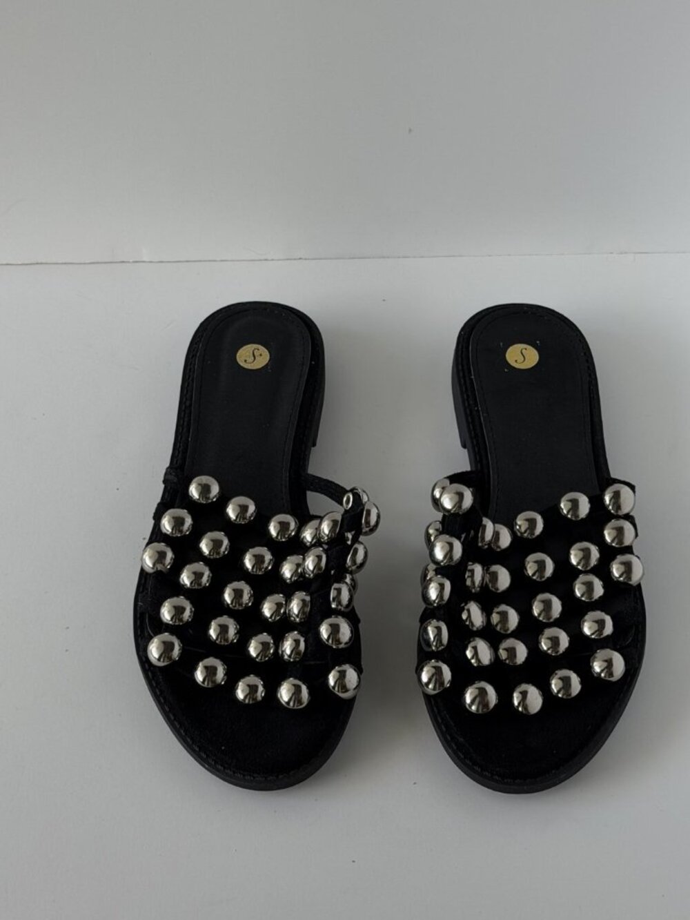 Black Silver Studded Flat Slide Sandals